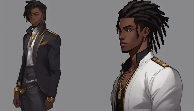 Dark-skinned young man with blue eyes and black jacket, Dreadlocks bleu clair, style dreadlock cheveux, dans un style anime, Colorful sketch, Unrealistic character concept, Personnage concept portrait de moi, detailed character portrait, Personnage de styl...