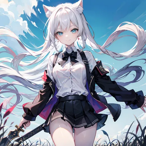 18-year-old white-haired girl, Turquoise eyes, Double tail hair,Two black bow ties... Wear a white shirt with buttons... Black miniskirt...Wielding a sword .In the middle of the field .With a slightly smiling face............