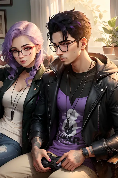 Gamer couple, white female with purple hair and glasses, Mexican male with glasses and black hair