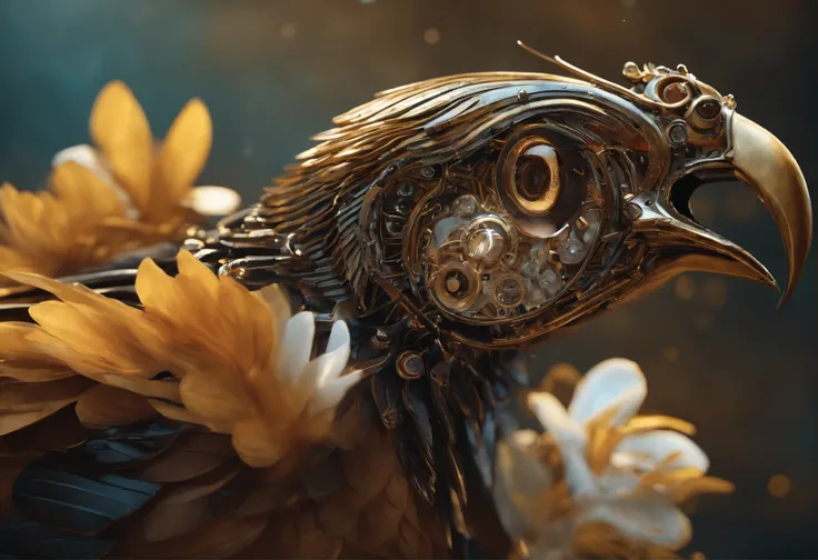 Hyper detailed biomechanical of Golden Pheasant bird with mechanical feathers, steampunk mechanical body, acrylic bubbles and flowers atmosphere, ferrofluids, water distortions. looking up, highly detailed object, intricate abstract. intricate artwork deta...