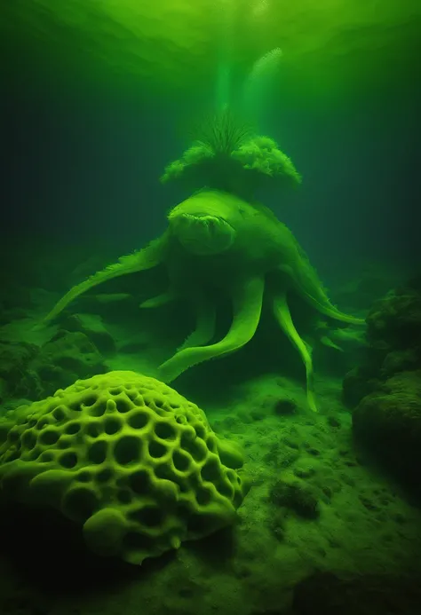 Under the shroud of nuclear contamination, Marine life around the world began to mutate, Transform into a monster form. The entire picture is covered in fluorescent green tones, Symbolizes nuclear radiation. Light shines down from the surface of the water,...