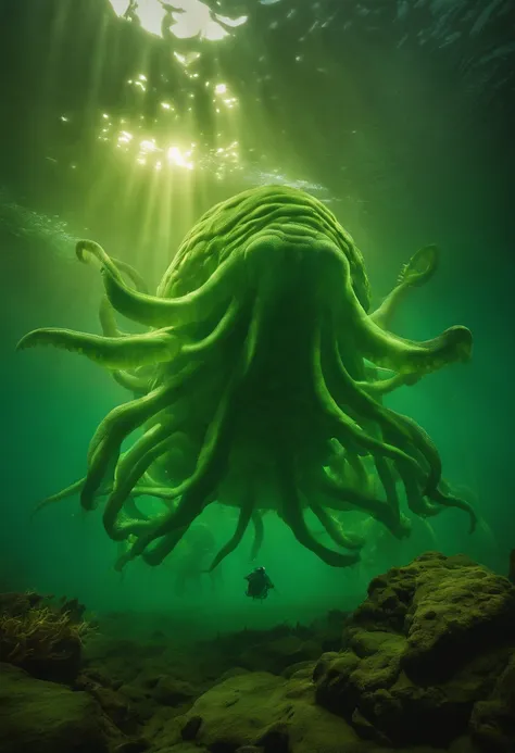 Under the shroud of nuclear contamination, Marine life around the world began to mutate, Transform into a monster form. The entire picture is covered in fluorescent green tones, Symbolizes nuclear radiation. Light shines down from the surface of the water,...