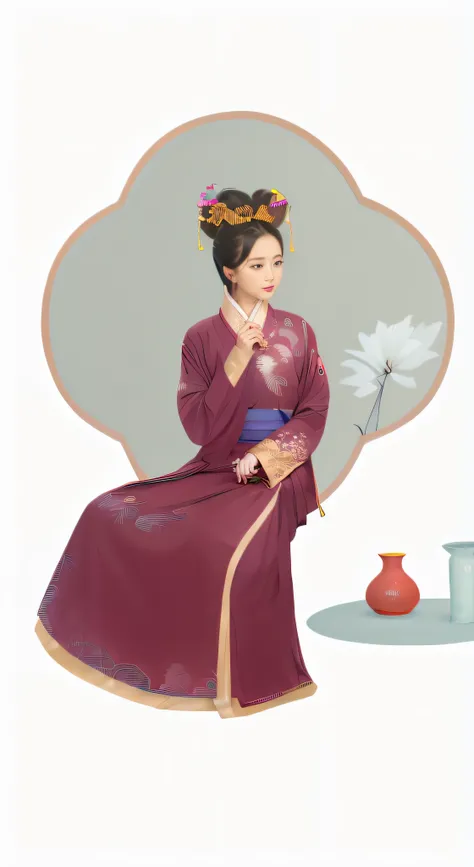 There is a woman sitting on a chair，Holding a flower in hand, Palace ， A girl in Hanfu, Wearing ancient Chinese clothes, Hanfu, with acient chinese clothes, inspired by Gu An, Traditional Chinese clothing, Inspired by Qiu Ying, ancient chinese beauti, Prin...