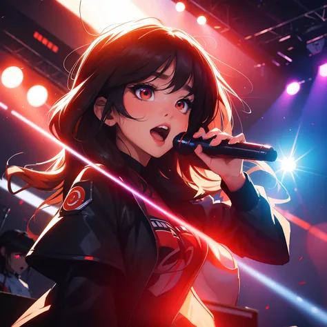 (masterpiece,best quality,ultra_detailed,highres,absurdres:1.2),an anime girl singer, colourful, lens_flare, concert, red eyes, playful