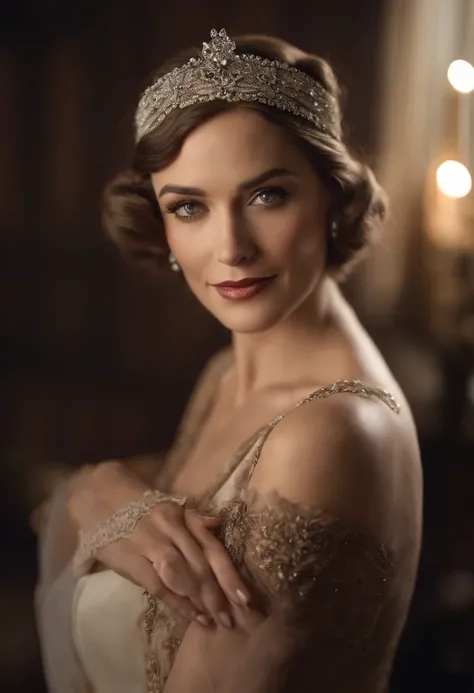 arafed woman in a brown and white dress and a headband, dystopian retro 1920s vibe, wearing 1 9 2 0 s cloth hair, helene fischer in downton abbey, up face with 1 9 2 0 s hairstyle, portrait of emily blunt as queen, 1 9 2 0 s hairstyle, stunning portrait, b...