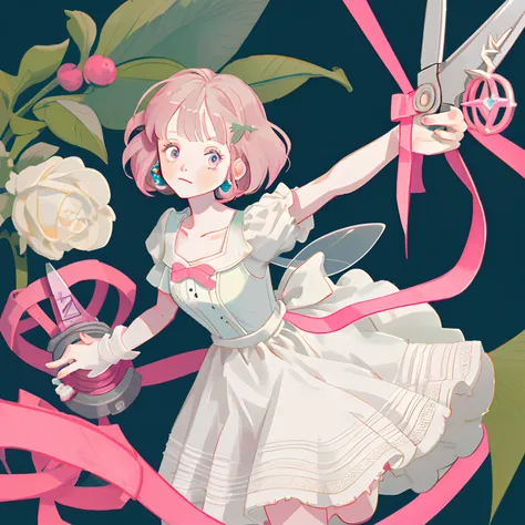 A girl in a white dress holds scissors, Pink core style, Constrained form, fairy academia, oshare kei, dau al set, hyper realisitc, Pink