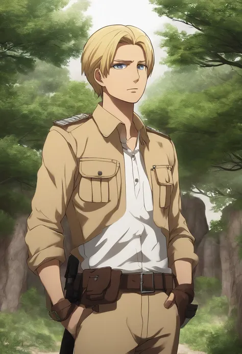 Attack On Titan, Marleyan, Tybur family, 30 year old man, medium length blonde hair going down to the end of his head, wearing a beige military jacket with white buttoned t-shirt