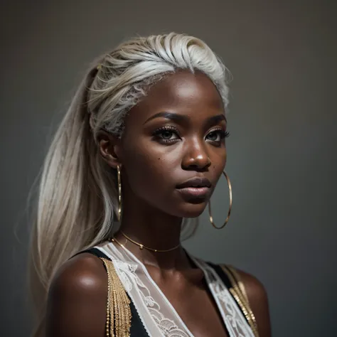 (wide shot), (futuristic hexagonal fashion style, deus ex aesthetic), (authentic expressive eyes: 1.2), (An exquisite portrait of a black African woman:1.3), (ebony skin tone:1.2), wearing dark makeup, the photograph captured in stunning 8k resolution and ...