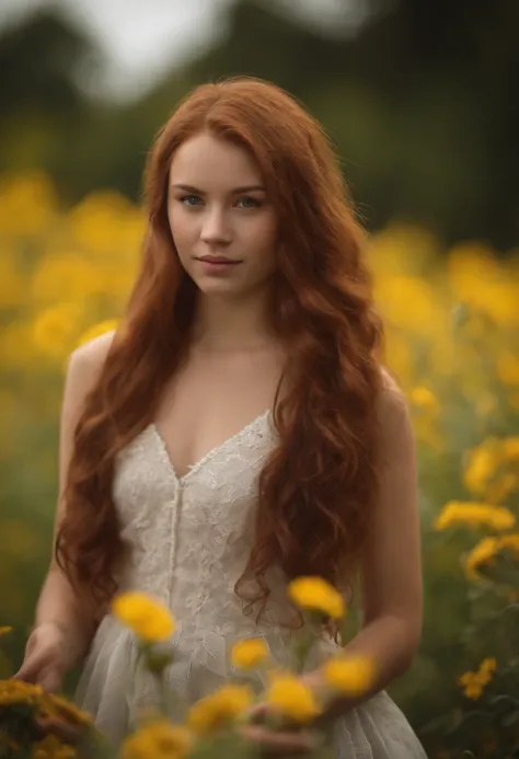 1girl, 18 years old, reddish hair, from germany, full body, looking at viewer, skinny, standing, friendly shy smile, depth of field, tattoo, wearing transparent baby doll style dress, colerful baby doll style, sunflower field, sunny day