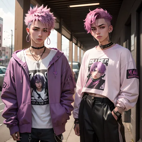 a male teenager, short purplish pink hair shaped into a messy mullet. fair skin, brown eyes, face piercings. lip piercing, eyebrow piercings, nose piercings. grunge/alt clothing style.