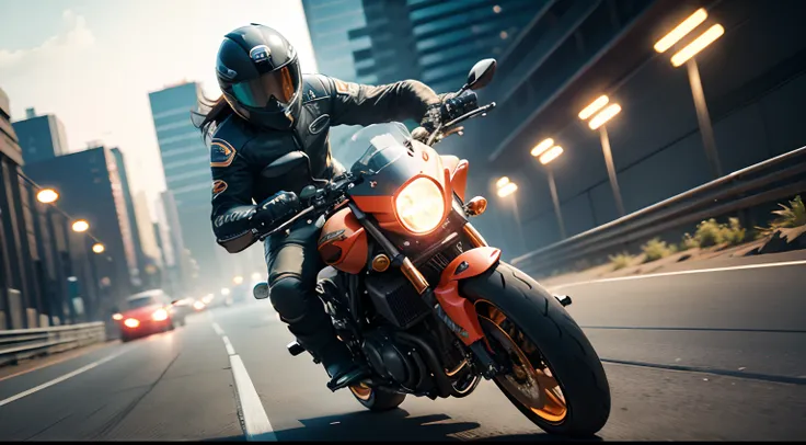 Motorcycle riding guy, fast speed, details character, character details, low angel photography, front view, view from front, bright colors masterpiece, sharp focus, Unreal Engine 5, Cinematic, Perfect color grading, Hyper-detailed, insanely details, Intric...