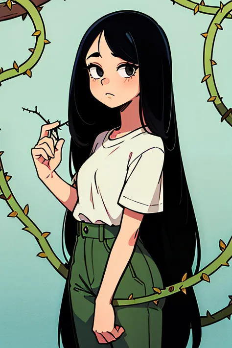 girl with long black hair filled with vines and thorns