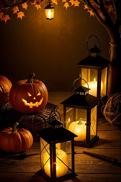 there is a lantern and a pumpkin on a table with leaves, shutterstock, warm lantern lighting, warm and joyful atmosphere, glowing pumpkins under a tree, istock, halloween scene, halloween atmosphere, scary magical background, on a dark background, lantern ...