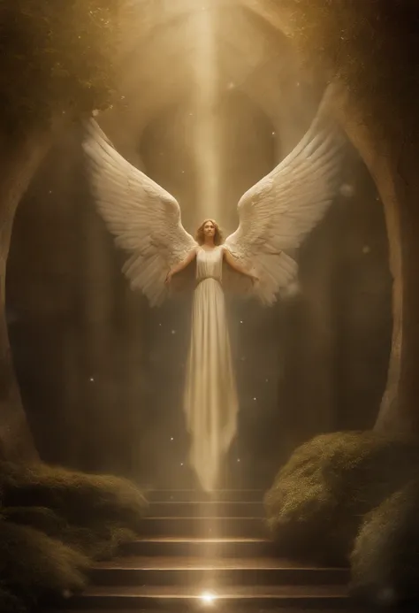 Surrounding the angel are symbolic representations of their multifaceted roles. On one side, a scroll unfurls, symbolizing the angel’s role as a messenger, carrying divine messages and revelations to humanity. On the other side, a guiding light illuminates...