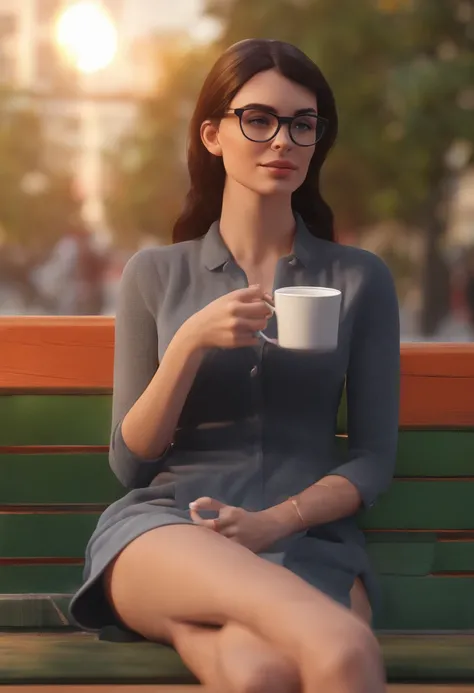 European brunette woman in her twenties with glasses, Tinted Black, de soleils en Terrace, Sitting in profile in the sun setting in the late evening, with moderate breasts, portant une veste noir avec un t-shirt rouge, et un jean gris, drinking coffee, Smo...