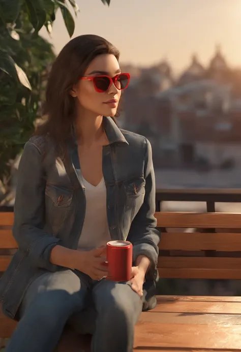 European brunette woman in her twenties with glasses, Tinted Black, de soleils en Terrace, Sitting in profile in the sun setting in the late evening, with moderate breasts, portant une veste noir avec un t-shirt rouge, et un jean gris, drinking coffee, Smo...