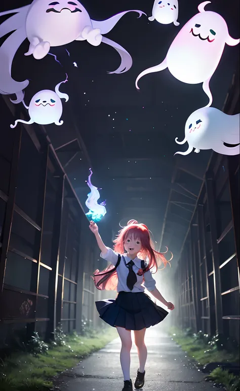 masutepiece, Best Quality, schoolgirl exploring a haunted theme park, haunted by cute chibi ghosts, Cute, capricious, Glow, blazing, Fun, Silly, Mystical, Magical, arcane, funny, amusing