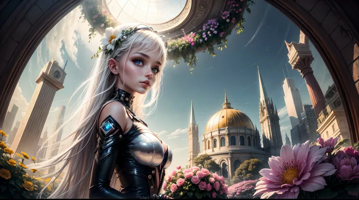 In the heart of San Francisco, a crystal-clear dome encloses a futuristic garden where vibrant flowers bloom under the watchful gaze of a girl with eyes that sparkle like the cosmos, tending to the otherworldly flora, a fusion of natural beauty and technol...