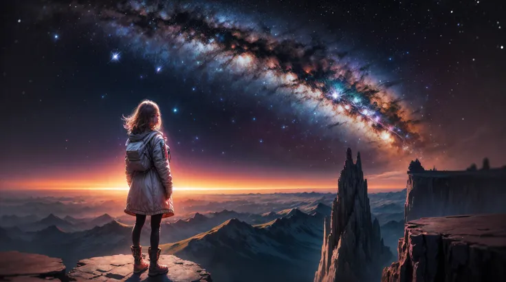 A girl stands on the edge of a majestic space station, overlooking the curvature of the Earth below, as the dazzling stars of the Milky Way paint the backdrop of her awe-inspiring panoramic view, blending the cosmic grandeur with her human presence.