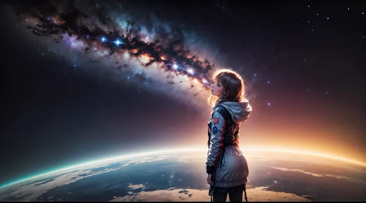 A girl stands on the edge of a majestic space station, overlooking the curvature of the Earth below, as the dazzling stars of the Milky Way paint the backdrop of her awe-inspiring panoramic view, blending the cosmic grandeur with her human presence.