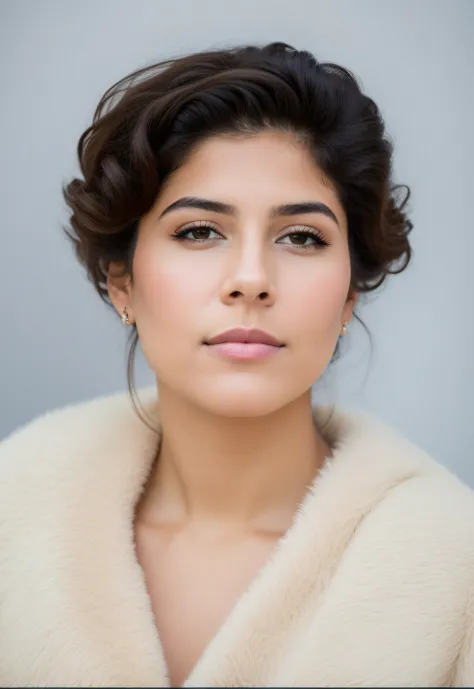 Hay una mujer con un abrigo de piel y collar de perlas,posando para una foto, Retrato medio luz suave, Retrato suave disparado 8K, Retrato en primer plano, Foto en la cabeza de una joven peluda, Retrato de 60 mm, 7 Retrato de 0 mm, cinematic portrayal, Com...