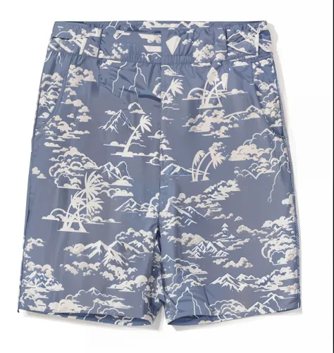 An image of a blue and white pair of shorts ((arte vetorial)), VECTOR WITH PATTERN OF MOUNTAINS AND SMALL COCONUT TREES