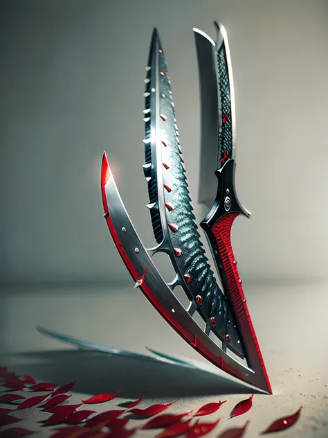 The blade has a deep red texture，The bottom of the blade is covered with fish scales，The handle is flanked by fishtails，There is no handle