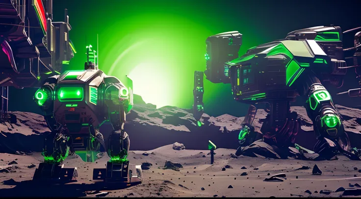 Back view of a giant cyber robot across the moon, 3D; retro cyberpunk; green color splash; dynamic color-field; cyclorama effect; ultra realistic.