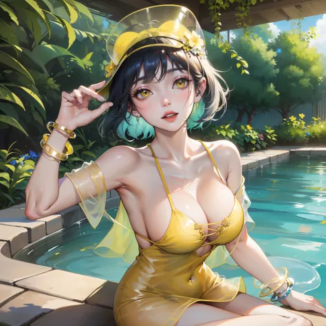 (Highly detailed CG Unity 8k wallpaper, masterpiece, top quality), staring at the viewer, (beautiful adult woman sitting by the pool) (Yellow-green bob cut blue sun visor) (Cloudless blue sky, dazzling sun) (Big breasts yellow high leg yellow dress swimsui...