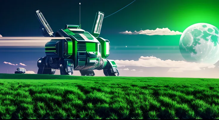 Back view of a giant cyber robot across the moon, 3D; retro art pop culture; green color splash; dynamic color-field; cyclorama effect; ultra realistic.