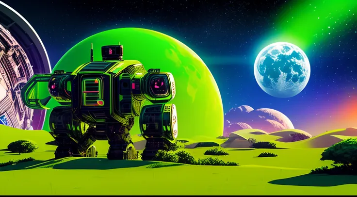 Back view of a giant cyber robot across the moon, 3D; retro art pop culture; green color splash; dynamic color-field; cyclorama effect; ultra realistic.