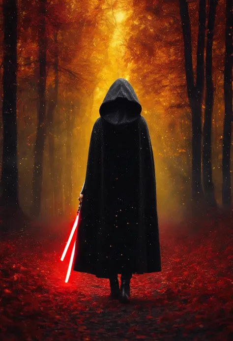 Twenty-something European brunette woman dressed up as Sith stars wars dark outfit black cape and hood black shoe red lightsaber with yellow eyes in a forest spell tart at night with her lightsaber lighting up the ground at her feet 4k HD realistic