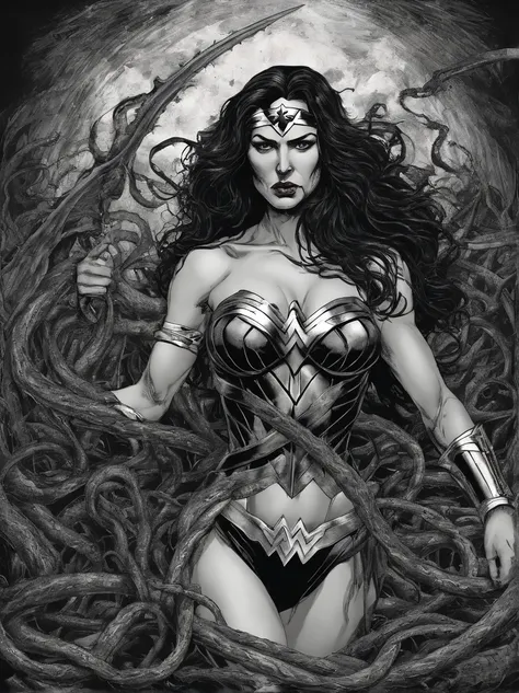 wonder woman in bikini attacked by tentacles