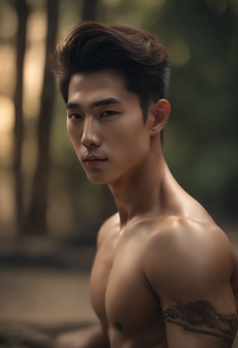 Solo, male focus, (masterpiece, ultra quality, high resolution, 8k, intricate: 1.2), (detailed face:1.2), handsome, Young Korean man , , detailed skin, 1boy, ((realistic)), (Crawling on All Fours, Kneeling),shirtless