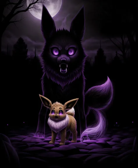 eevee, ebony black, fangs, ghostly violet and purple aura, spooky, nightmare, masterpiece, best quality