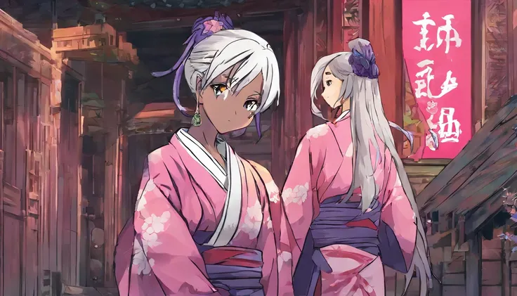 (2 girls, one has a pink suit, white skirt, silver hair and the other a Japanese kimono flowered in pink colors with purple hair ,portrait, athletic, dans la rue, Sunny lighting, Cheerful Details, mise au point nette, Realstic , 2 garcons lun a un habit ro...