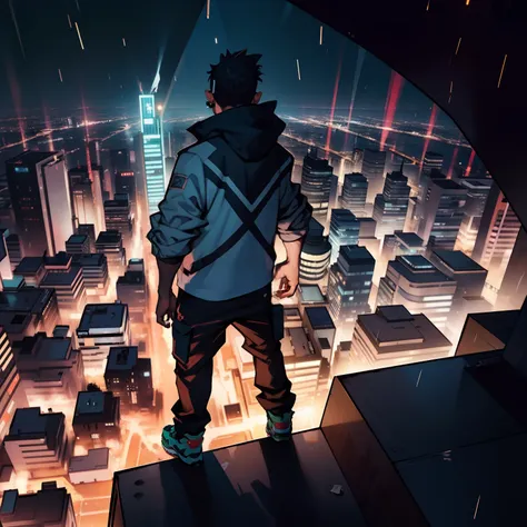 A distant view from top to bottom of a rapper-style kid in the middle of a city with buildings bright at night , Raining several money bills from heaven