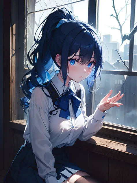 Close up, night, dark, boarding school, rotted wood, dirty walls, broken glass, moonlight, ghost girl, she is glowing blue, pale, blue see through skin, sad expression, tears, curly hair, ponytail, old style school uniform, short skirt, thigh socks, sittin...