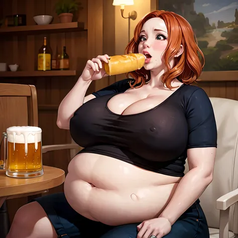 Christina Hendricks, eating dinner, at dinner table, burping, naked, rubbing belly, stuffed belly, massive belly, round belly, fat, fat face, fat cheeks, massive breasts, round breasts, leaking milk, beer glasses,