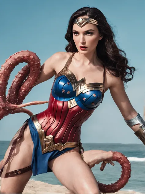 wonder woman in bikini attacked by tentacles