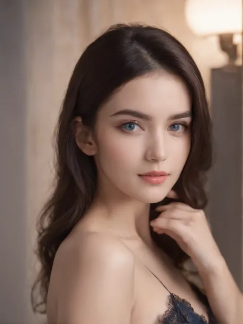 Night, Raw photography, (((Very beautiful portrait))), (((lace bra:1.3)) (((Very beautiful portrait))), 1 girl, Sexy 25 year old girl, ((Shortcut Natural Black Hair)), [Blue eyes], Gentle smile staring at the camera (cleavage), ((masterpiece, Best Quality,...