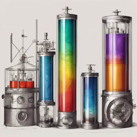 a close up of a drawing of a group of different colored liquids, rainbow liquids, vibrant vials, concept art | dyson, colorful concept art, alchemical equipment, viscous rainbow paint, technicolour 1, lava lamps, futuristic chemistry lab, alchemical still,...