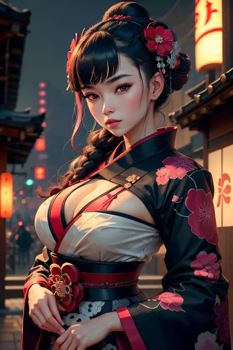 Stunning Katsushika Hokusai Style, wearing Japanese traditional dress with a touch of (cyberpunk) and (neon) atmosphere. The masterpiece depicts a mesmerizing fusion of ancient culture and futuristic elements. 

The scene unfolds with a graceful woman drap...