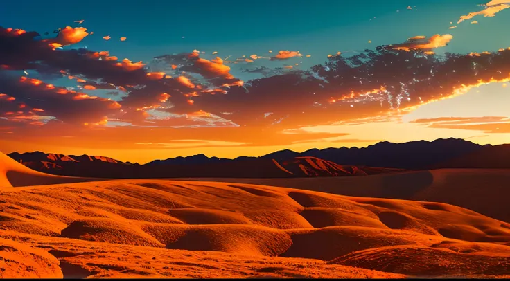 Back view of a cowboy across the Death Valley desert; 3D; retro cyberpunk; orange color splash; dynamic color-field; sunrise; cyclorama effect; cinematic lighting