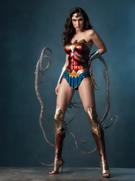 sexy legs wonder woman in high-cut bikini oiled, attacked by tentacles