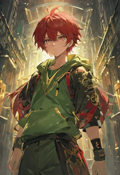 Ultra-HD, dramatic lighting, highly detailed, unreal engine, raytracing, full body photo, 1boy, long red hair, green eyes, black and red samurai attire,