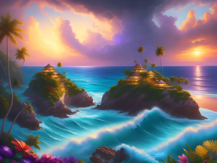 (8k masterpiece, RAW painting:1.2), a tropical island at sunset, architecturally beautiful modern villas perched on the steep cliff face, tall palm trees line the coast along the golden sandy beach, huge tsunami barrel wave rolls into the cove, colourful f...