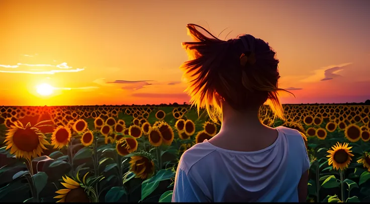 Back view of a young woman, windy messy hair, across a field of sunflowers; 3D; retro cyberpunk; yellow color splash; dynamic color-field; sunrise; cyclorama effect; cinematic lighting