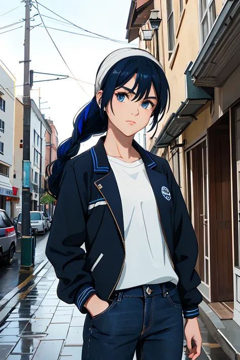 solo, 1girl, anime girl, (masterpiece), ((16 year old appearance)), Dark blue hair, blue eyes, braids in hair, Black jacket, white shirt, Jeans pants