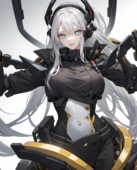 bit girl，Black-gold pupils，Silvery-white hair，Mechanical body，